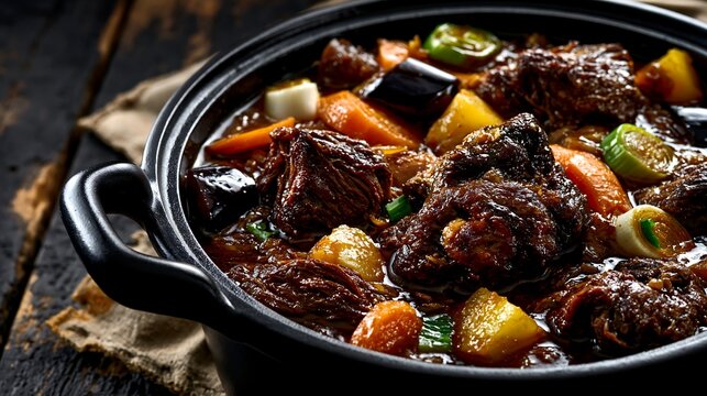 Jarret de Boeuf, traditional Chadian beef stew, presented in black cast iron pot with robust handle