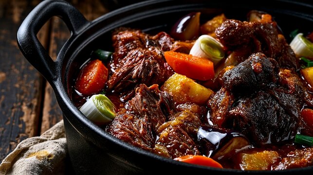 Jarret de Boeuf, traditional Chadian beef stew, presented in black cast iron pot with robust handle