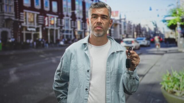 Man with grey hair holding car keys up on a street, arm extended toward camera and a puzzled expression; thinking doubt.