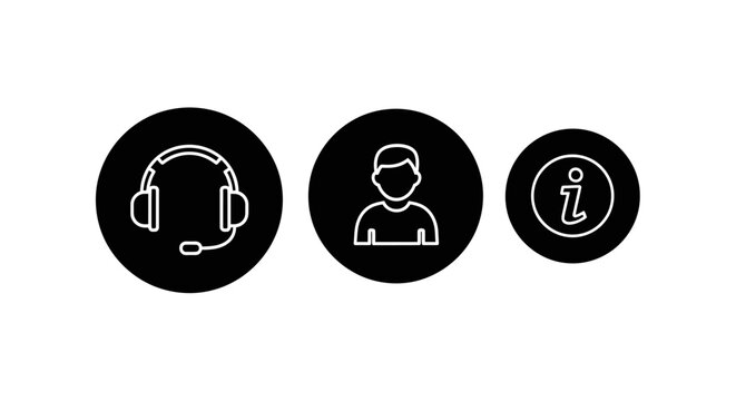 Customer service icons: headset, person, information circle on black background