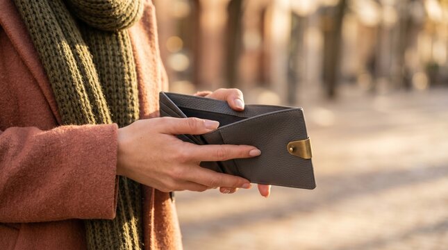 Close-up of a person's hands holding an open, empty wallet outdoors, representing financial struggles and lack of funds.
