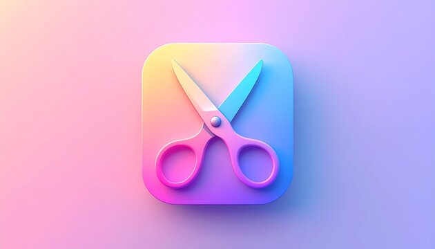 A sharp metal scissor tool with colorful plastic handles stands open on a white background as a vector design icon for cutting paper or hair in an office or barber business