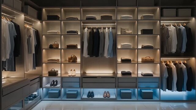 Modern wardrobe interior with gradient lighting on wooden shelves