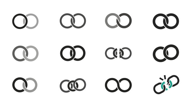 Interlocking Circles Icons Set: Connection, Unity, Partnership, Broken Link
