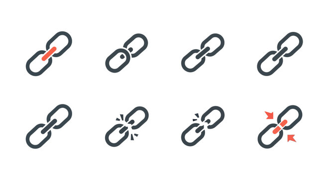 Link Icons Set: Connection, Broken, Weak, Strong, Chain Symbols