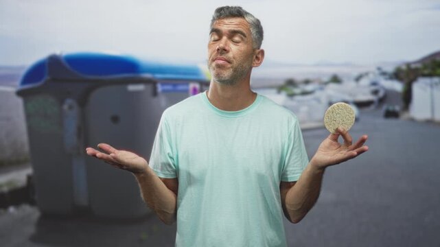 Man holding corn pastry while shrugging with open palms on street near large dumpsters and parked cars; indifference commentary.