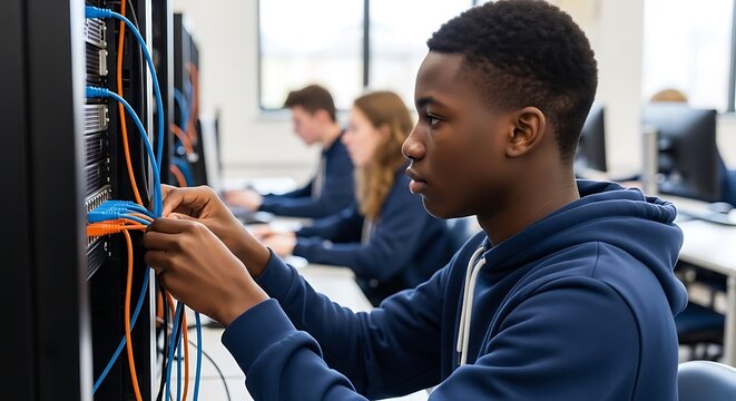 African American male student meticulously handles network wiring in a data server cabinet. The scene features beautiful bokeh in a bright lab. Ideal for vocational training advertisements.