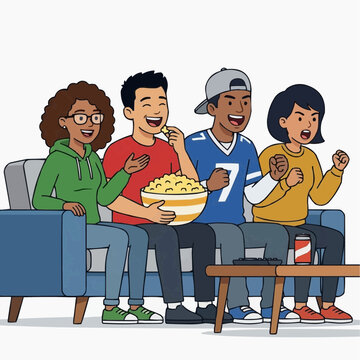 Excitement of the Game: A vibrant gathering of friends, intensely focused and brimming with excitement, watches a thrilling match, popcorn and drinks close at hand, symbolizing unity.