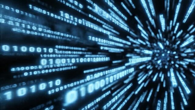Abstract digital data stream with binary code moving fast through space. Futuristic information technology concept with glowing blue numbers