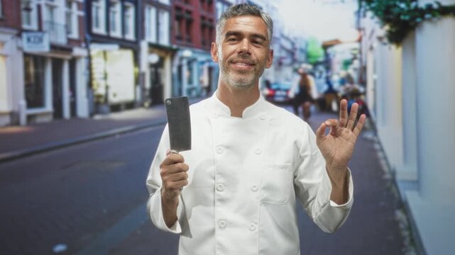 Man chef in white coat, middle age, holds cleaver and makes ok gesture with hand on a busy street; confidence.