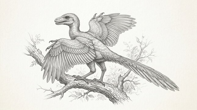 Feathered dinosaur perched on a tree branch a detailed hand-drawn illustration showcasing avian features.