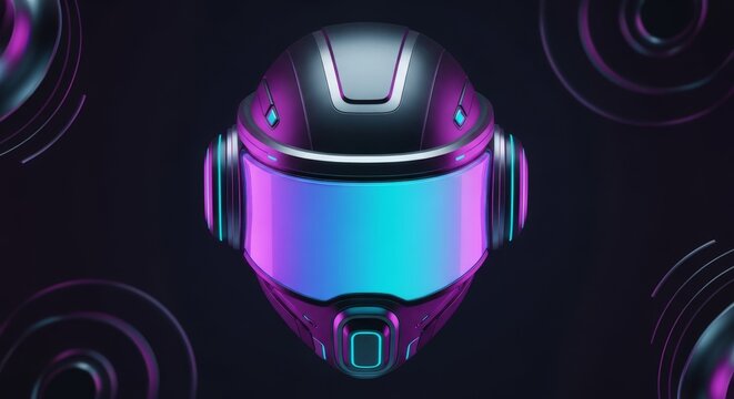A sleek high-tech headpiece features a glowing holographic visor with vibrant smooth gradients of purple and cyan in a futuristic style, color, machine, concept