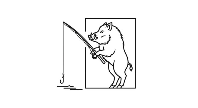 Funny Wild Boar Fishing with Rod and Hook, Cartoon Style Line Art