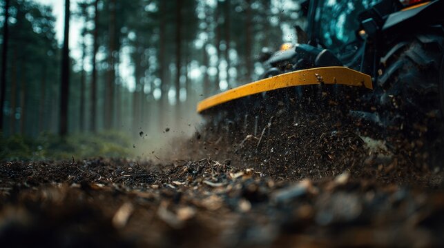 Farm tractor equipped with a heavy-duty rotary tiller tilling soil in a dense forest clearing preparing the land for planting or landscaping projects with flying deb