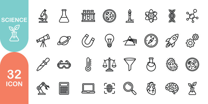 Science icon set 32 line icons for chemistry biology physics and research applications. microscope, telescope, magnet, atom, scale. vector illustration.