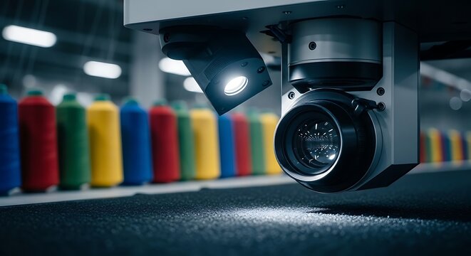 Automated machine vision camera inspects fabric textures on a production line. Vibrant thread spools create beautiful bokeh. Ideal for smart manufacturing and textile industry advertising.