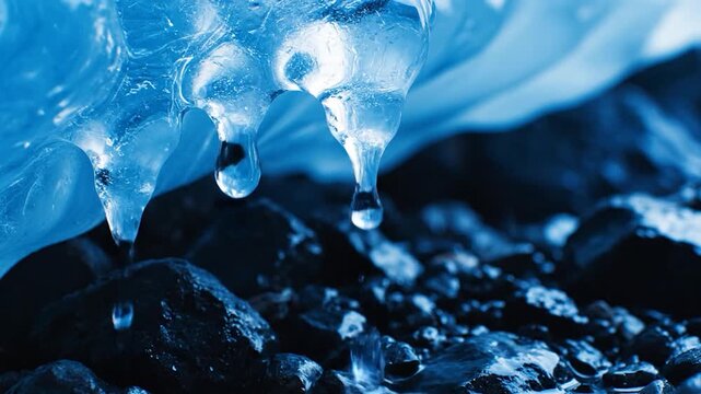 Close-up view of melting ice with water droplets, showcasing the beauty of nature and the effects of climate change on the environment