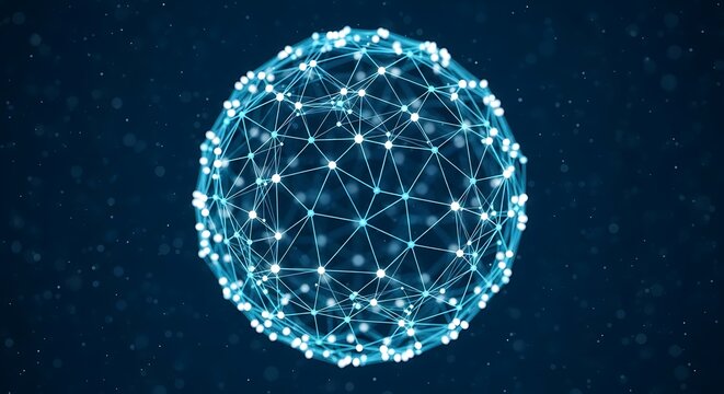 Global data plexus sphere with interconnected nodes and blue light filaments. Features beautiful bokeh and sharp focus on dark background. Perfect for global telecommunications marketing.