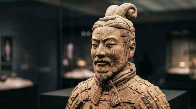 Terracotta warrior sculpture details weathered clay ancient chinese army artifact.