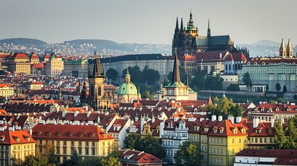 Fototapeta premium Spectacular aerial panorama of Prague's historic city center with red rooftops and iconic landmarks