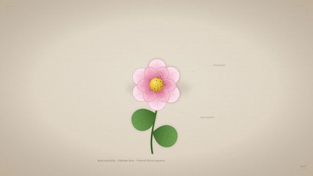 Botanical illustration of pink cabbage rose flower with anatomical labels showing petal and sepal