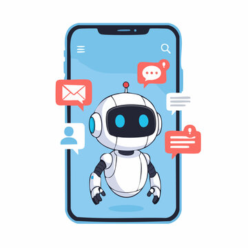 Cute chibi robot greeting user on a smartphone screen, digital assistant concept graphic.