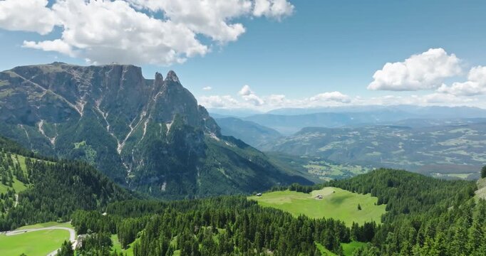 Aerial view of Schlern mountain, Alpe di Siusi, Italian Dolomites