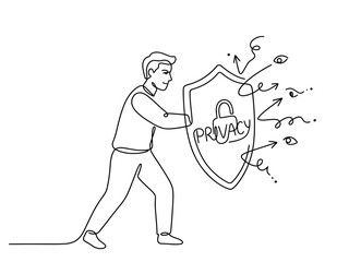 Man holding shield blocking data threats, privacy and cybersecurity concept. Continuous line illustration, hand drawn single line vector © Alvian