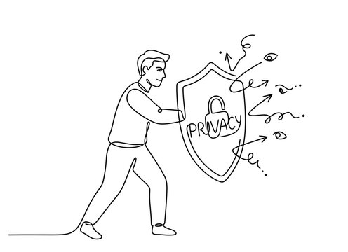 Man holding shield blocking data threats, privacy and cybersecurity concept. Continuous line illustration, hand drawn single line vector