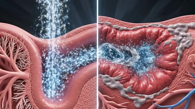 Asthma Airway Comparison Concept: Normal Versus Affected Airway in Detailed CGI Medical Illustration Showing Smooth Air Passage Versus Constricted Mucus-Filled Pathway