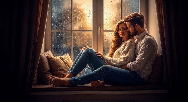 A romantic embrace occurs beside a cozy window seat as raindrops fall outside, illuminated by soft warm golden light and a moody atmosphere, autumn, peaceful, atmosphere