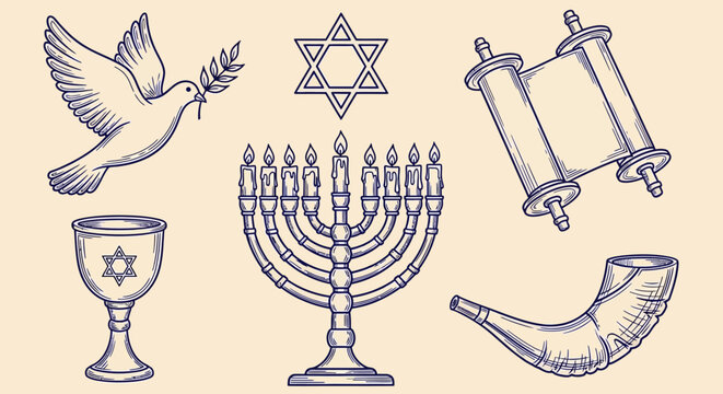 Jewish, Hanukkah, Menorah, Symbol, Icons, Vector, Religious, Judaica, Star of David, Torah