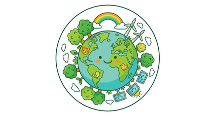 Naklejka premium The Earth surrounded by lush trees, water droplets, and a smiling face under a vibrant rainbow with a flying airplane nearby.