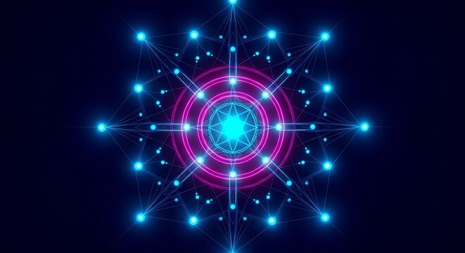 Quantum network core glows with vibrant magenta and blue light beams in a dark cyber environment. Sharp focus on symmetrical geometric nodes. Ideal for futuristic technology branding.
