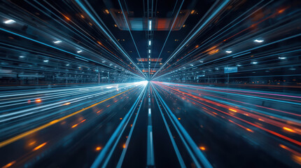 Fototapeta premium Futuristic light tunnel with converging blue and orange streaks conveying speed and motion