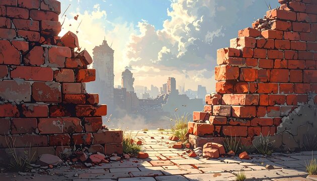 A scenic vista through a broken brick wall shows a cityscape under a bright, cloudy sky with sun rays shining through