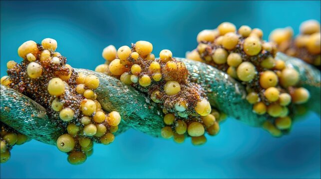 Close-Up of Barnacles on Marine Rope Showcasing Natural Growth and Texture Against a Vibrant Aquatic Background