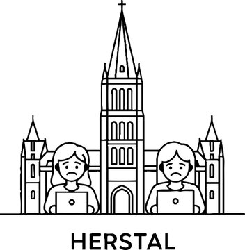 Sad women working on laptops in front of a gothic church