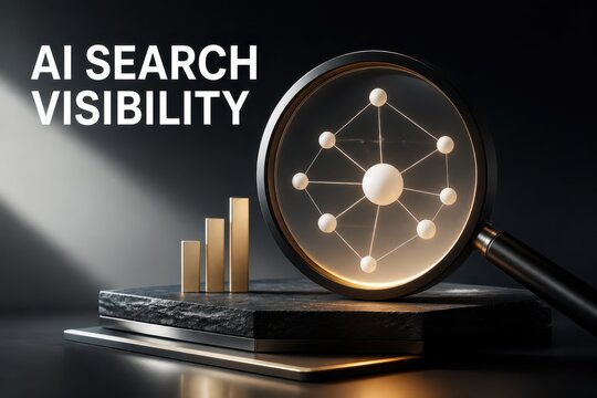 AI search visibility concept with magnifying glass and network chart