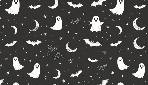 Minimal seamless Halloween pattern with bats moons and ghost line icons
