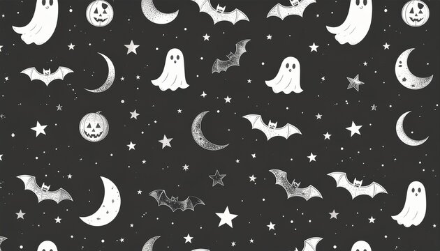 Minimal seamless Halloween pattern with bats moons and ghost line icons
