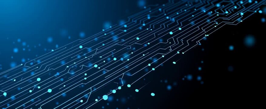 abstract background featuring a dark blue gradient, with lighter blue areas a circuit board like pattern that diagonally traverses the image from bottom left to top right Generative AI
