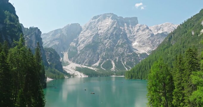 Aerial view of Pragser Wildsee in the Dolomites, Italy