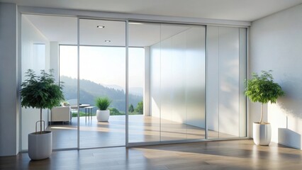 Naklejka premium A photo of a sleek white frosted glass sliding door with an aluminum profile The glass is pristine and fogged, reflecting the surrounding environment