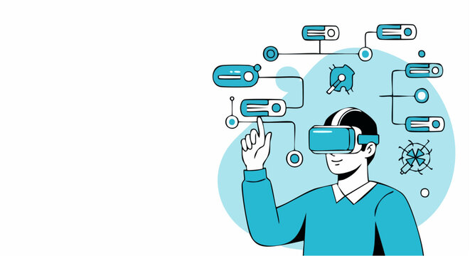 A man interacting with a complex digital flow in virtual reality.