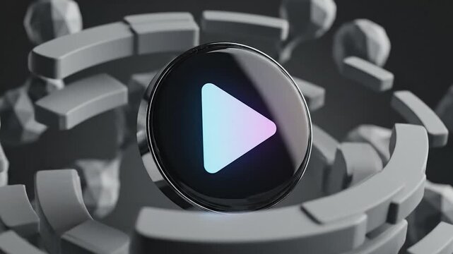 A modern, abstract digital media symbol with a colorful gradient, representing play and multimedia concepts, on a blurred background
