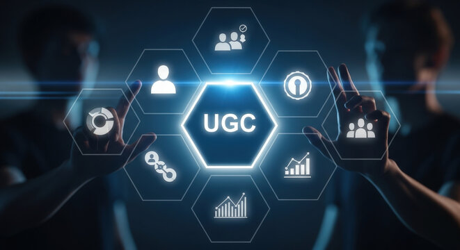 UGC User Generated Content. Marketing Strategy Concept. Digital Content Creation. Man Touching on Virtual Screen. Information and Innovation.