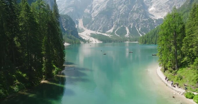 Aerial of the Pragser Wildsee, Dolomites, Italy
