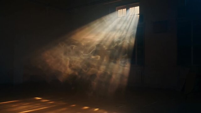 Volumetric light rays piercing through soft fog in dim studio space