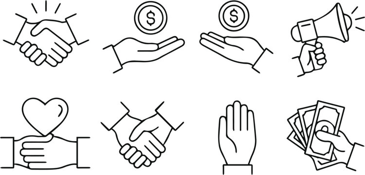 Handshake payment and contract icons set